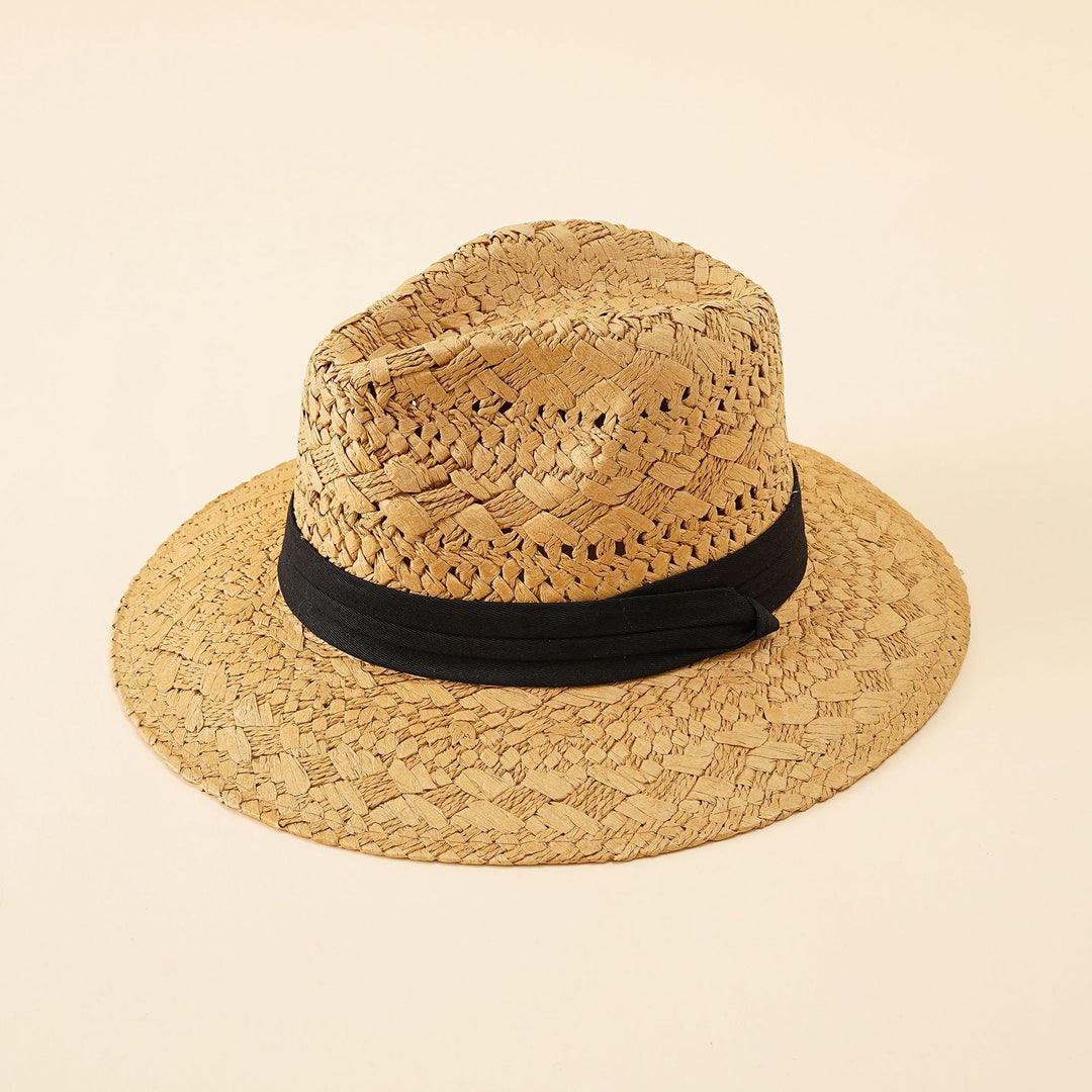 Damen Strohhut im klassischen Fedora-Stil mit breiter Krempe und elegantem Band Drune