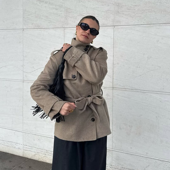 Damen Kurz-Mantel im Trench-Stil mit Bindegürtel und Stehkragen Drune