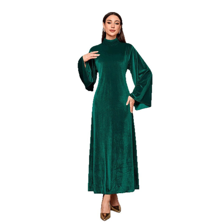 Damen Maxikleid aus Samt mit Stehkragen und Glockenärmeln Drune