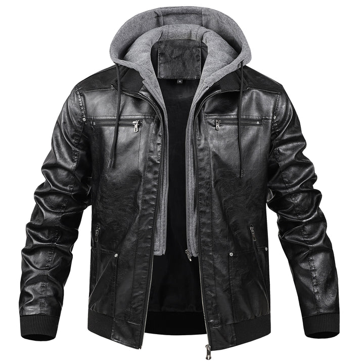 Herren Modische Kunstlederjacke mit abnehmbarer Kapuze Drune