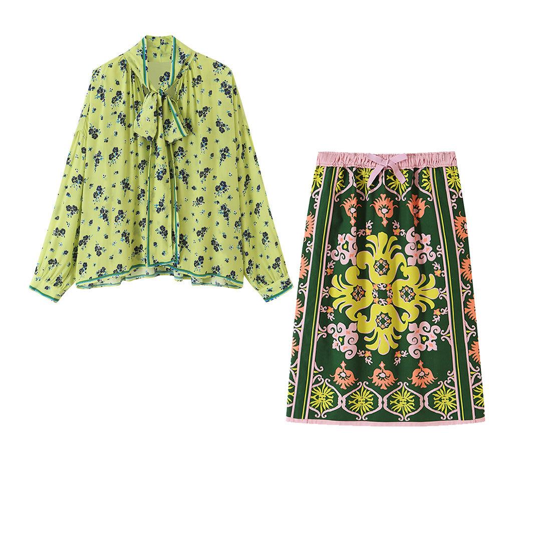 Damen Florale Satin-Schleifenbluse mit weitem Fall und Retro-Print Drune