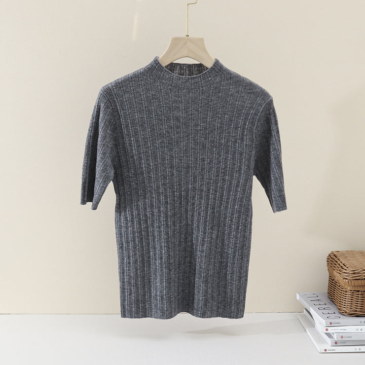 Damen Feines Geripptes Kurzarm-Feinstrickshirt mit Stehkragen Drune