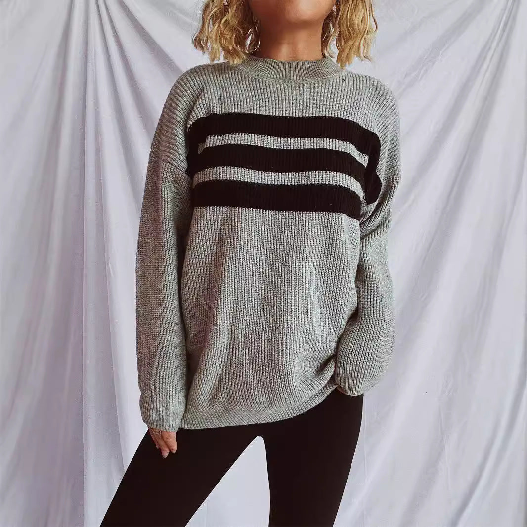 Damen lässiger Strickpullover mit horizontalen Streifen und Oversized-Schnitt Drune