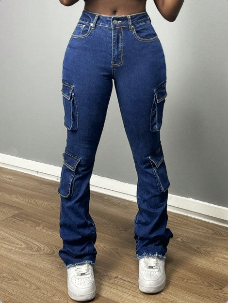Damen Hochtaillierte Cargo-Jeans mit Mehrfach-Pattentaschen & ausgestelltem Saum Drune