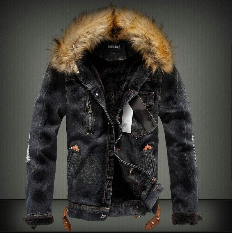 Herren Denim-Truckerjacke mit Teddyfutter, Kunstfellkapuze und Used-Details Drune