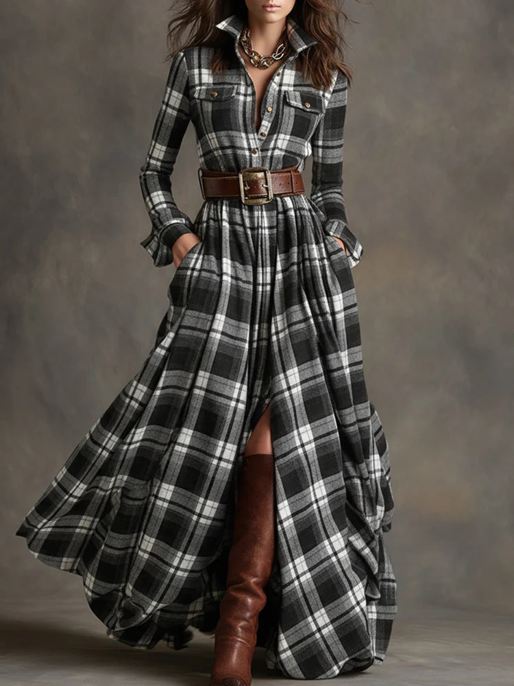 Damen Karierte Maxikleid mit Hemdbluse-Oberteil, Taillierter Bund und Eingrifftaschen Drune