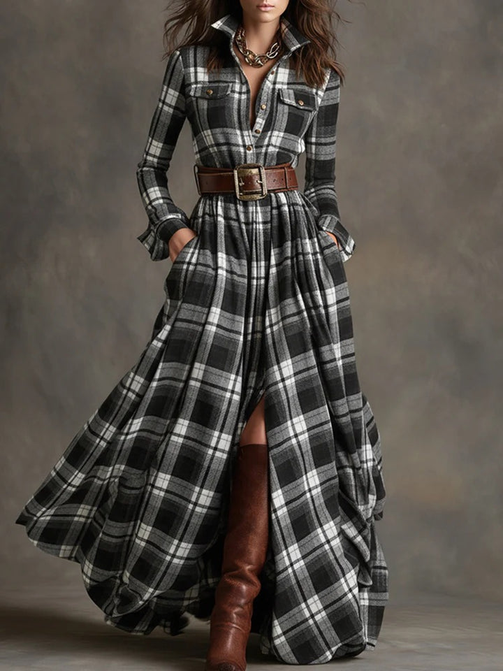 Damen Karierte Maxikleid mit Hemdbluse-Oberteil, Taillierter Bund und Eingrifftaschen Drune