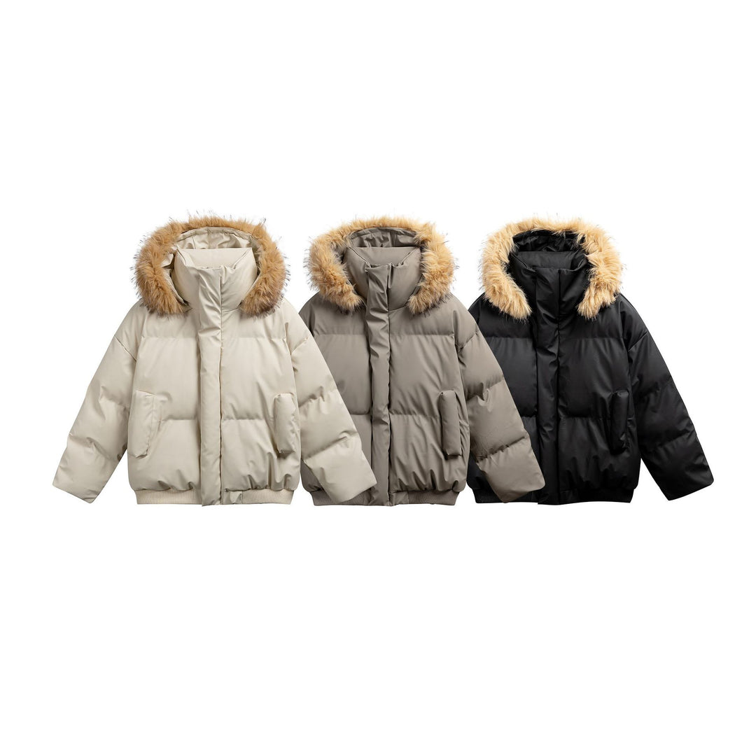 Damen Wattierte Kurzsteppjacke mit Kunstfellkapuze und geripptem Saum Drune