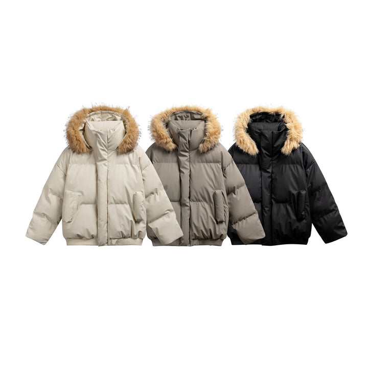 Damen Wattierte Kurzsteppjacke mit Kunstfellkapuze und geripptem Saum Drune