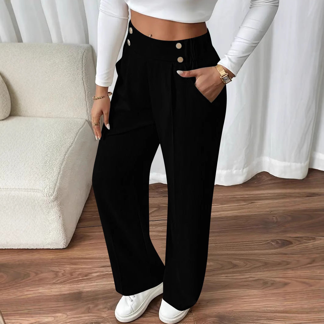 Damen Hochtaillierte Palazzo-Hose mit Zierknopfleiste, Bügelfalte und Eingrifftaschen Drune