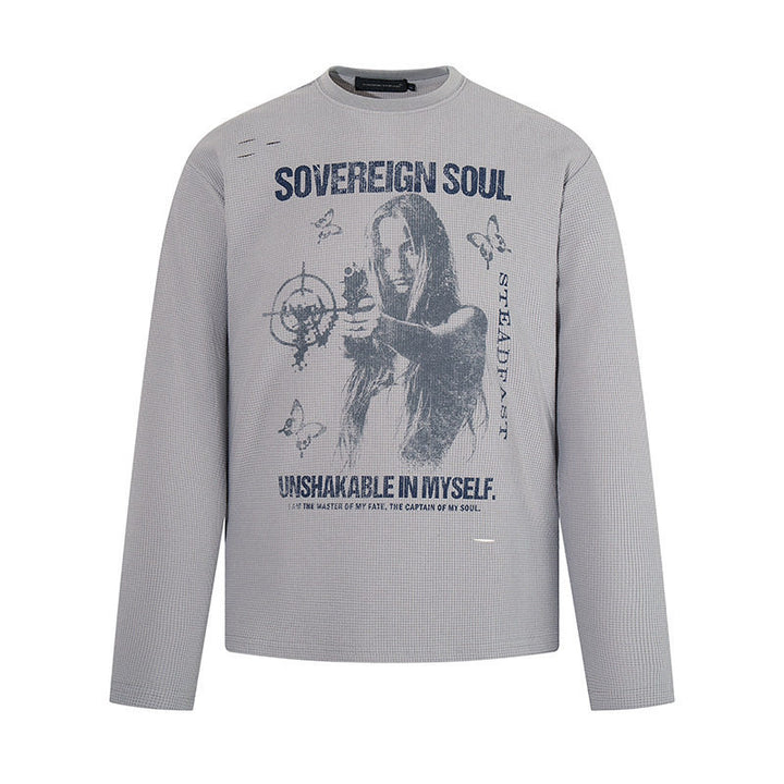 Herren Langarmshirt im Waffelstrick mit Vintage-Grafik und Relaxed-Fit Drune