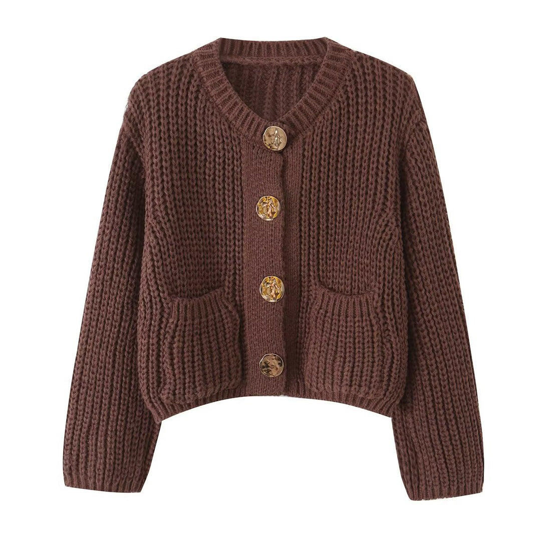 Damen Grobgestrickter Cropped-Cardigan mit dekorativen Schmuckknöpfen und aufgesetzten Taschen Drune