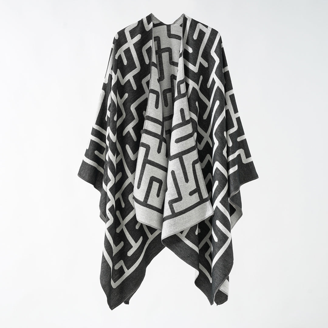 Damen Wendejacquard-Ruana mit grafischem Muster und asymmetrischem Saum Drune