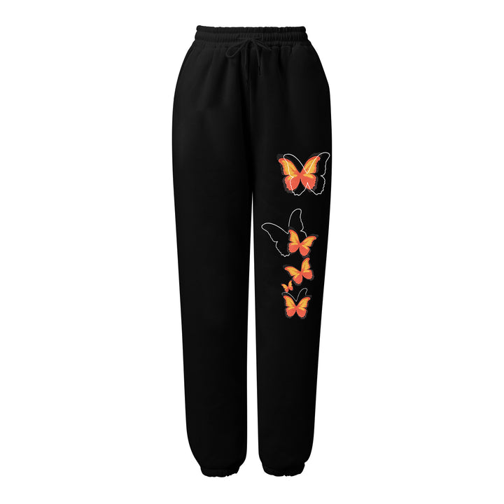 Damen nan hochgeschnittene Sweatpants mit elastischem Bund, Kordelzug, Seitentaschen, elastischen Beinabschlüssen und Schmetterlingsprint Drune