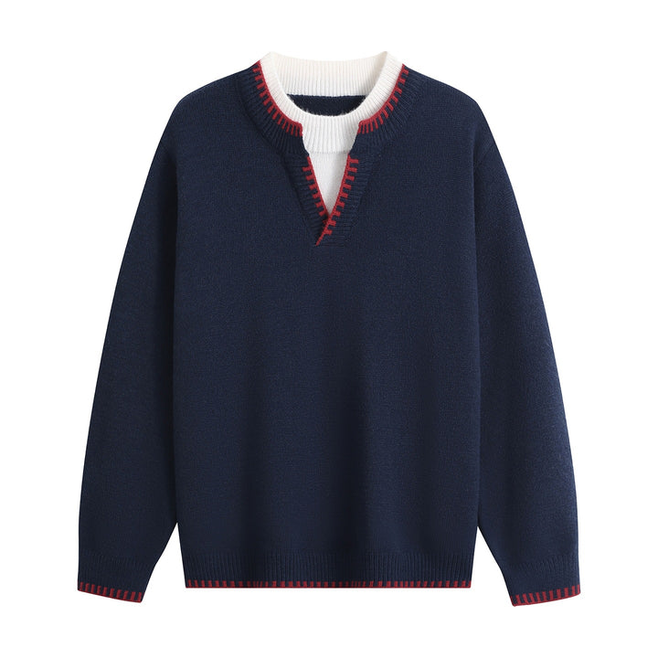 Unisex Oversize-Feinstrickpullover mit V-Notch & kontrastiertem Rippenkragen Drune