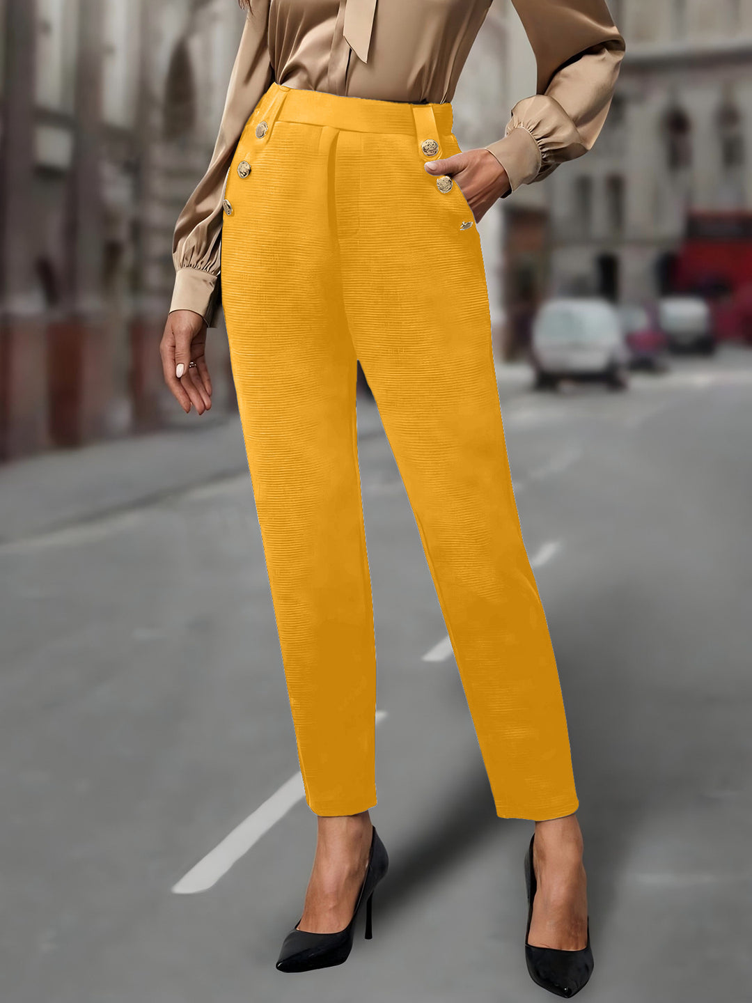 Damen Hochtaillierte Anzughose mit dekorativen Zierknöpfen Drune