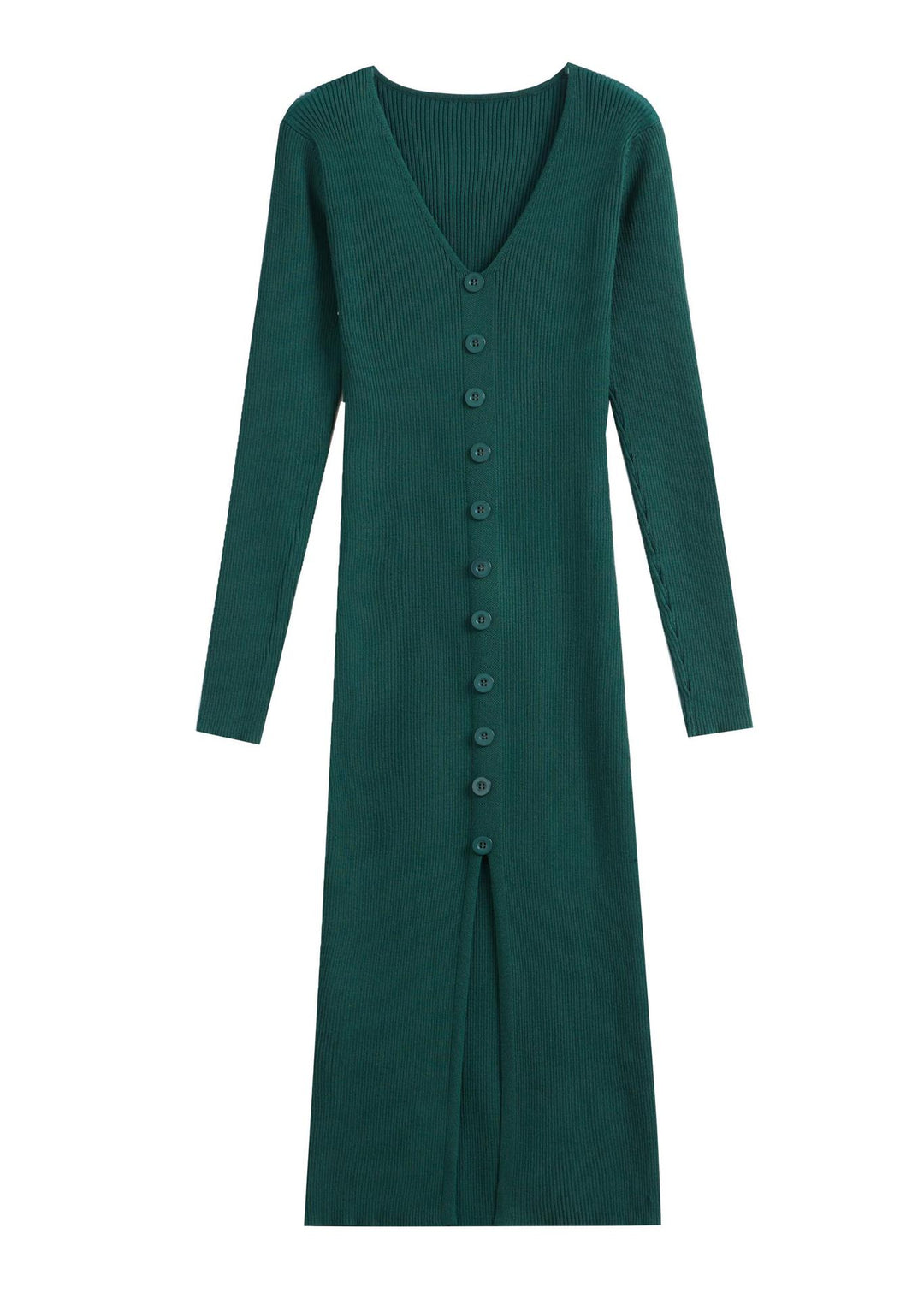 Damen Langärmliges Maxikleid mit Rippstruktur und Knopfdetail Drune
