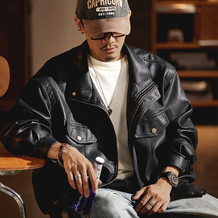 Herren Oversized Kunstlederjacke im Worker-Look mit Pattentaschen Drune