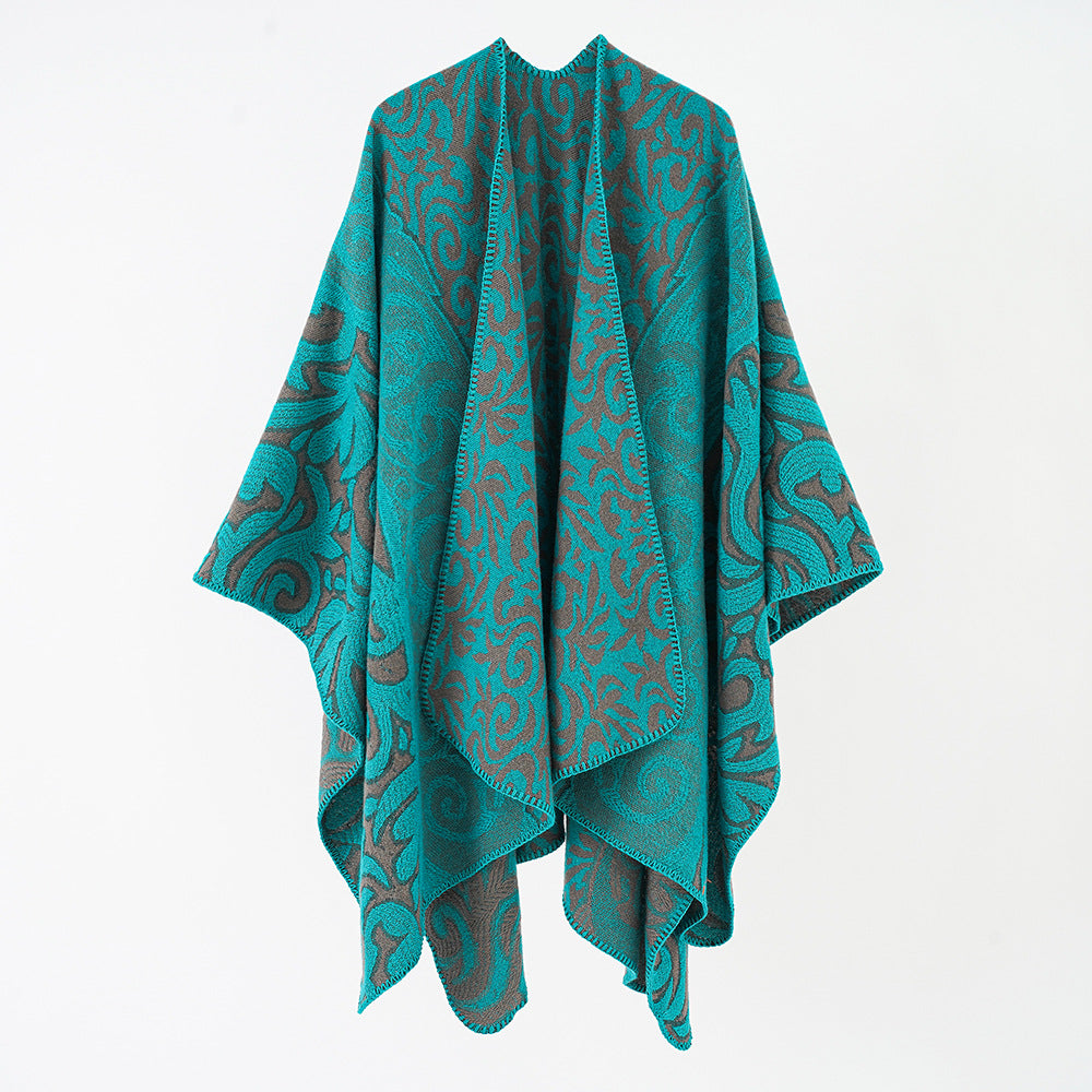Damen Ornamentaler Jacquard-Capeponcho mit offenem Fall und kastiger Silhouette Drune