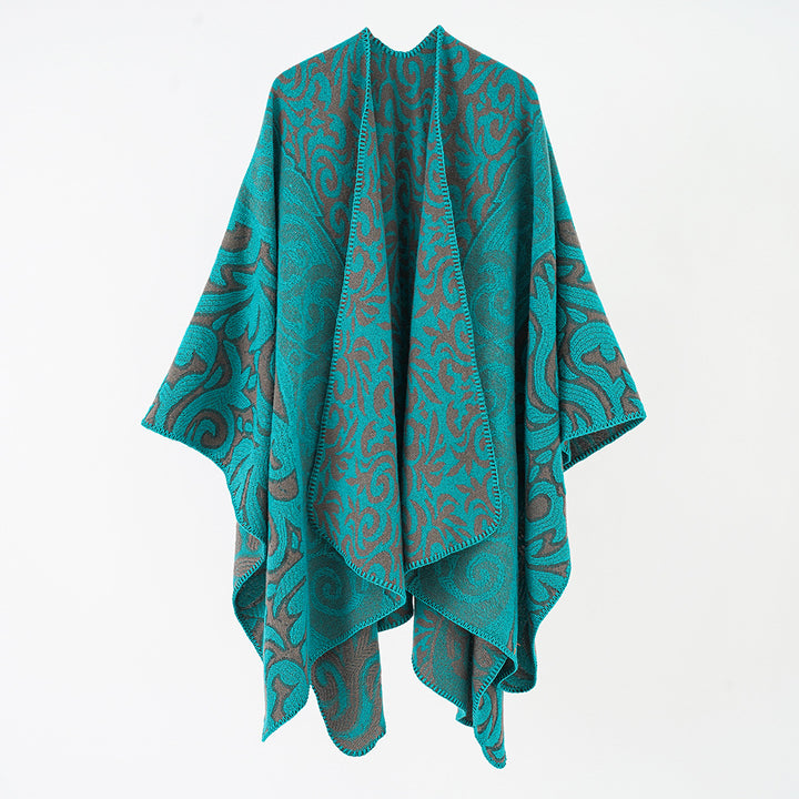 Damen Ornamentaler Jacquard-Capeponcho mit offenem Fall und kastiger Silhouette Drune