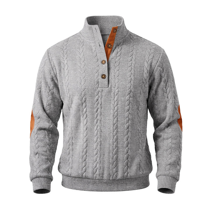 Herren Troyer-Pullover mit Zopfmuster, Ellbogen‑Patches und kontrastierter Knopfleiste Drune