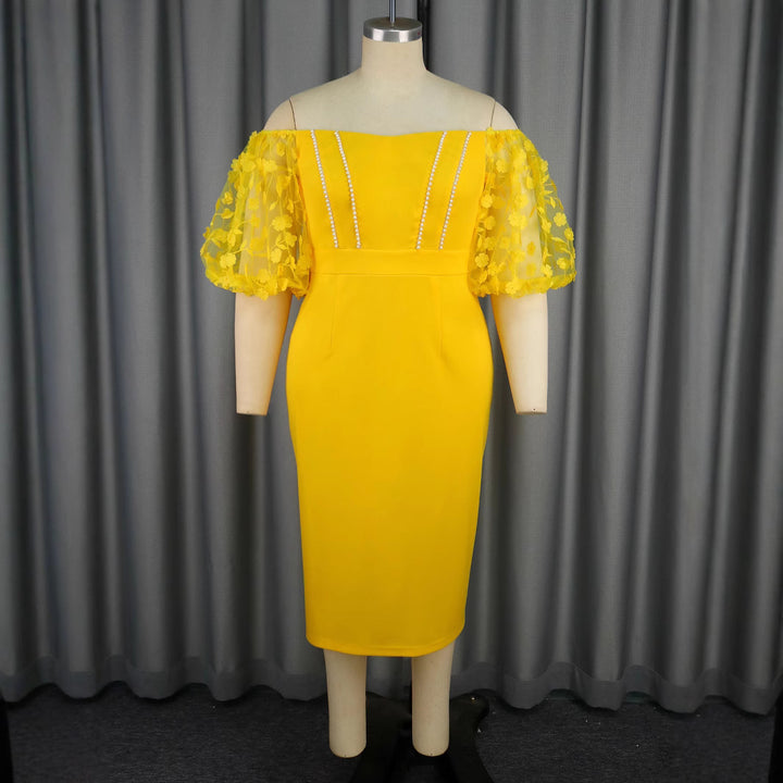 Damen figurbetontes Kleid mit verzierten Puffärmeln und Perlenakzenten Drune