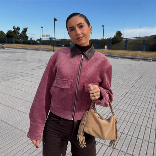 Damen Rippenstruktur-Kurzjacke mit Kunstlederkragen und Pattentaschen Drune
