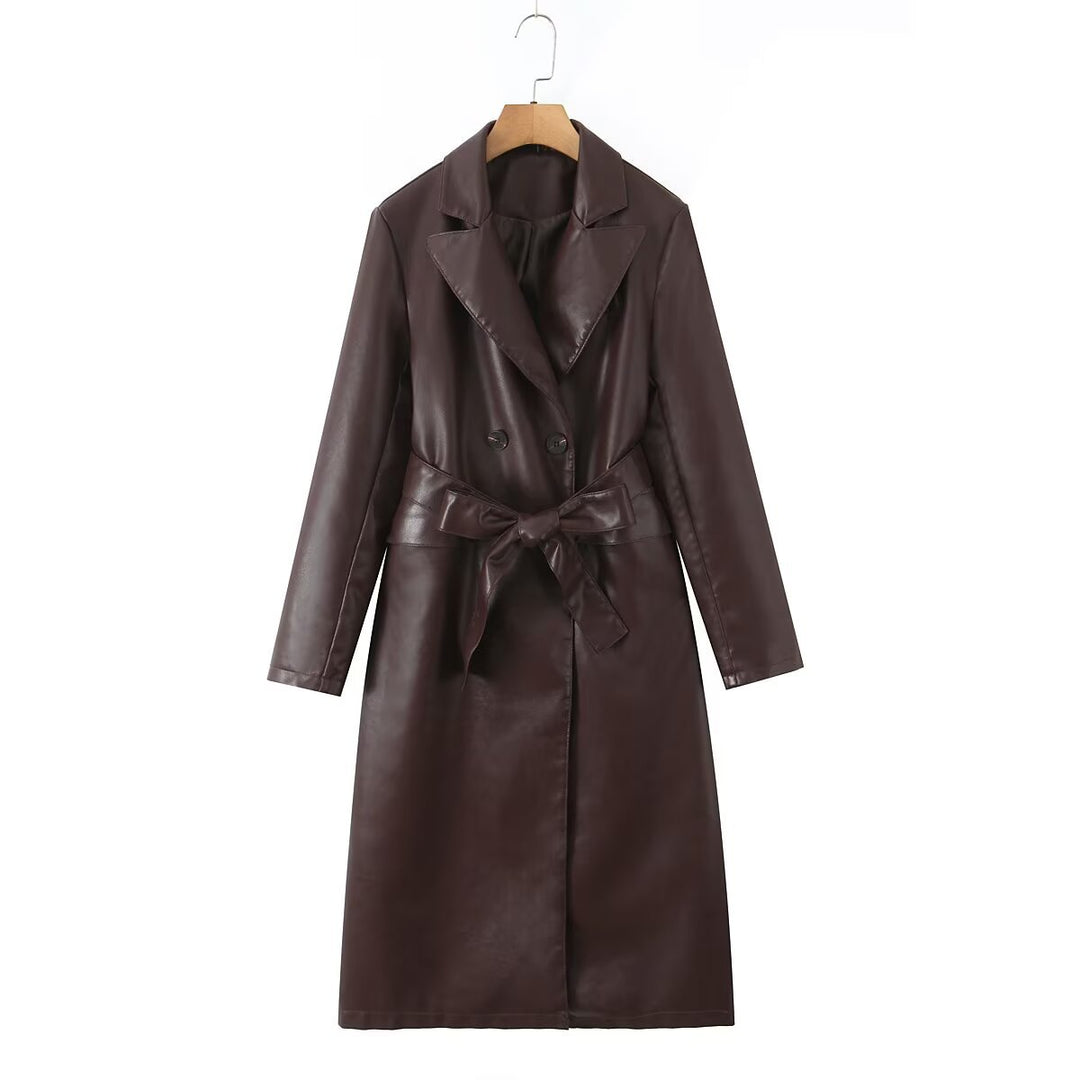 Damen Kunstleder Trenchcoat mit Taillengürtel und eleganter Taschennaht Drune