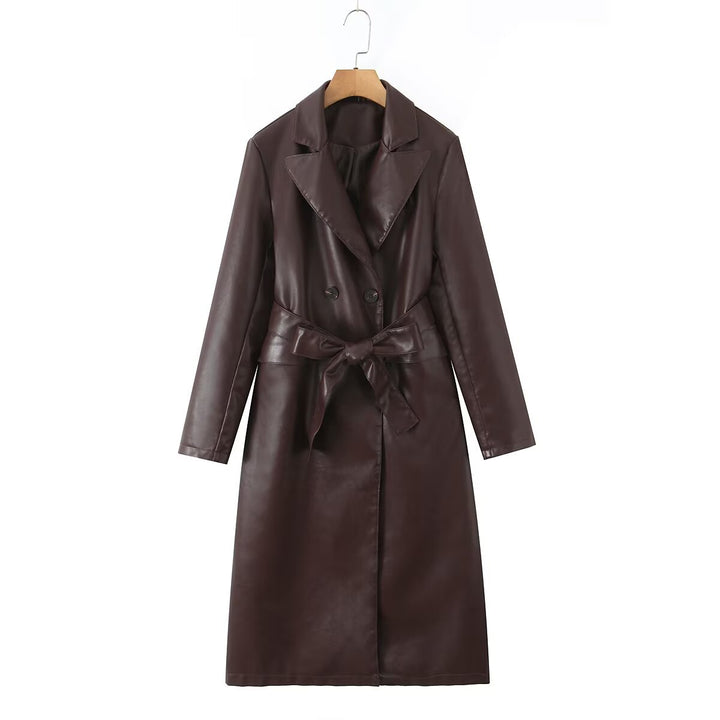Damen Kunstleder Trenchcoat mit Taillengürtel und eleganter Taschennaht Drune
