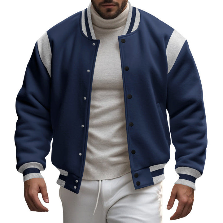 Herren nan College-Baseballjacke mit Druckknopfleiste, geripptem Kragen und kontrastierten Schulterpassen Drune