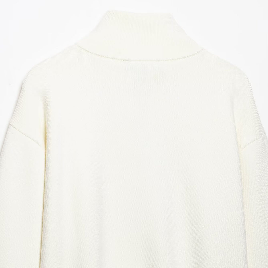 Damen Grobstrick-Pullover mit halbem Reißverschluss, Stehkragen und überschnittenen Ärmeln Drune