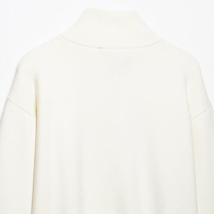 Damen Grobstrick-Pullover mit halbem Reißverschluss, Stehkragen und überschnittenen Ärmeln Drune