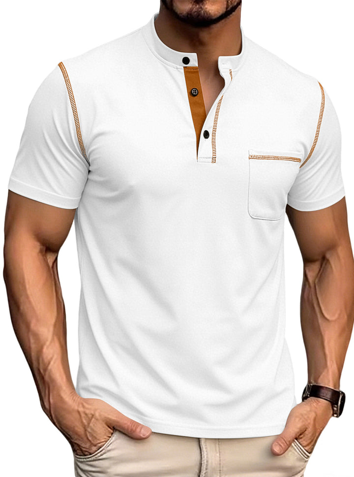 Herren nan kurzärmeliges Henley-Shirt mit Stehkragen, Brusttasche und kontrastierenden Ziernähten Drune