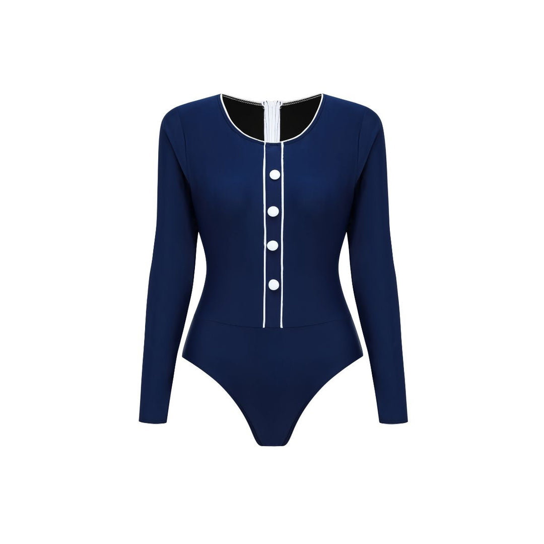 Damen Sportlicher Schwimmanzug mit Langarm und Knopfdetails Drune