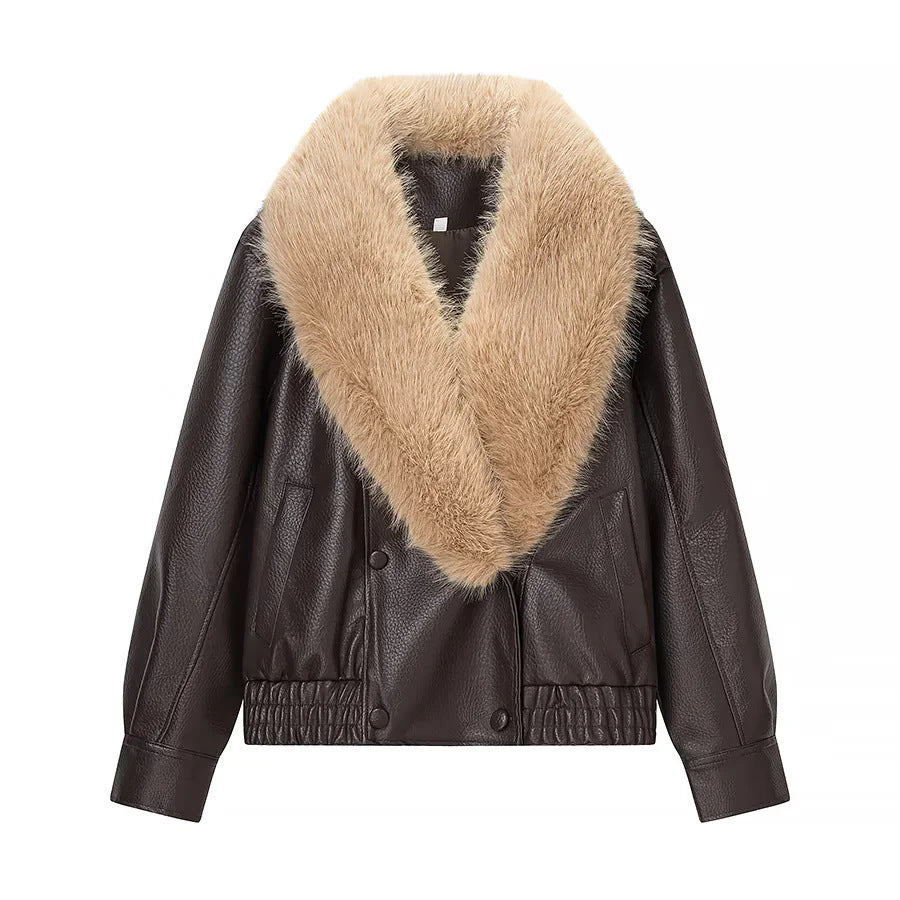 Damen nan kurz geschnittener Kunstleder-Blouson mit voluminösem Kunstfell-Schalkragen Drune