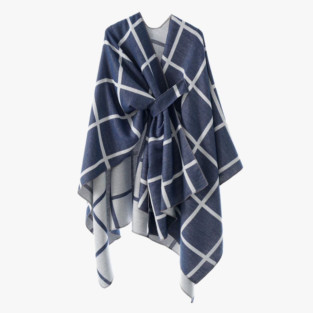 Damen Oversize Wollmix Poncho mit Gürtel und Karomuster Drune