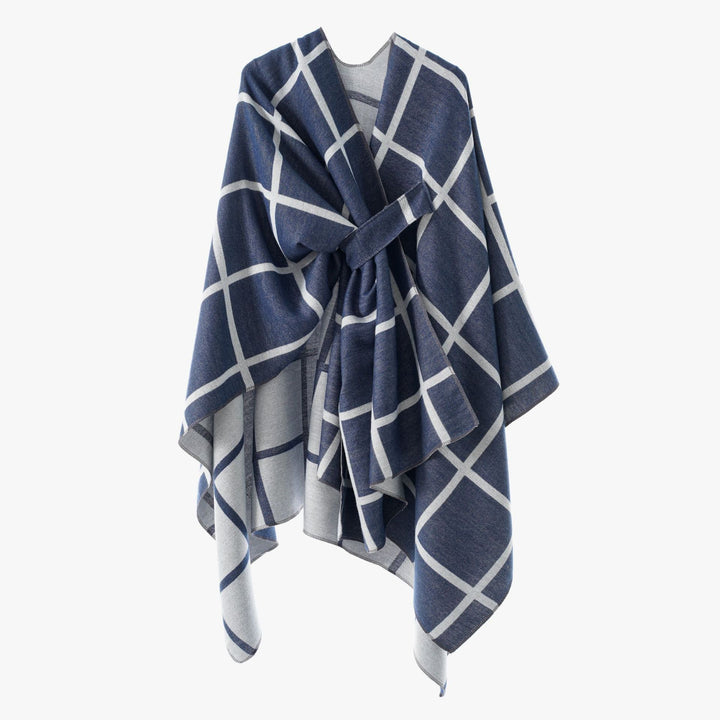 Damen Oversize Wollmix Poncho mit Gürtel und Karomuster Drune
