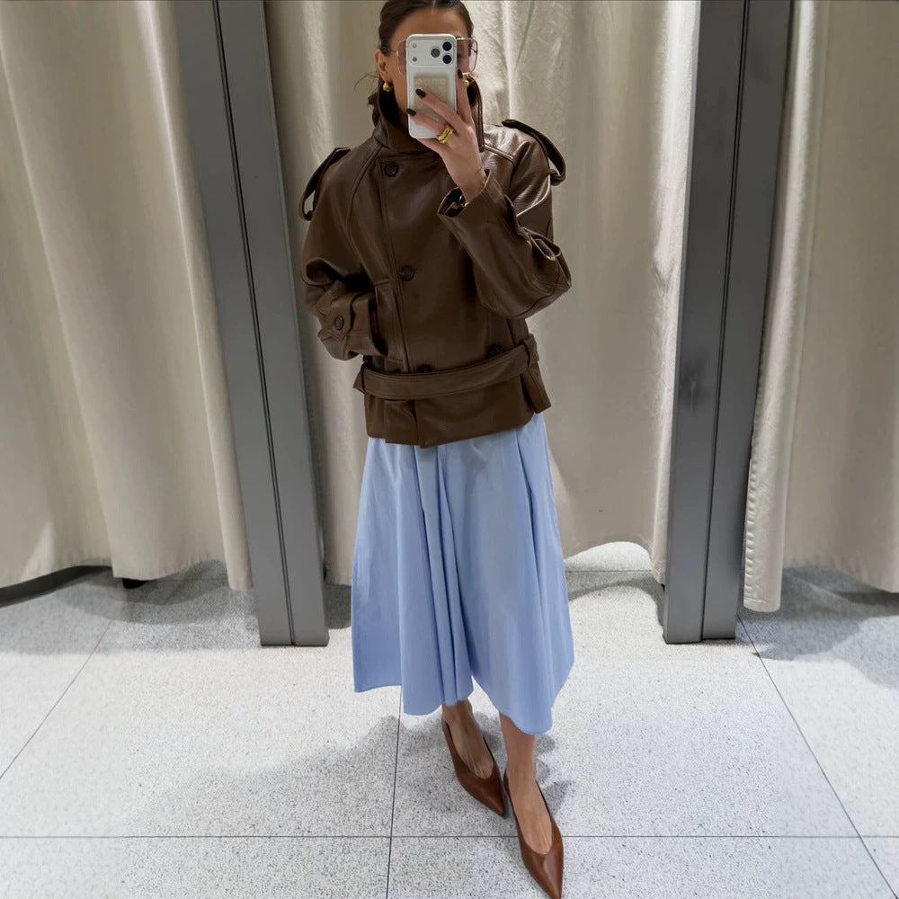 Damen Kurz geschnittener Oversize Lederimitat-Trench mit Taillengürtel und Epauletten Drune