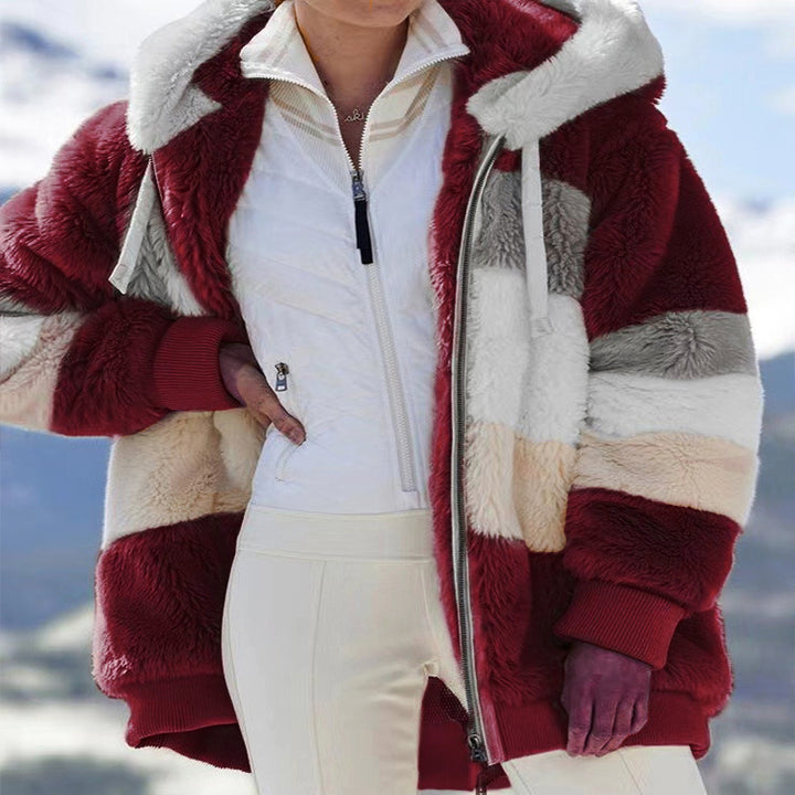 Damen nan Oversize Teddyfell-Kapuzenjacke mit Farbblock-Streifen, hochwertigem Reißverschluss und gerippten Bündchen Drune