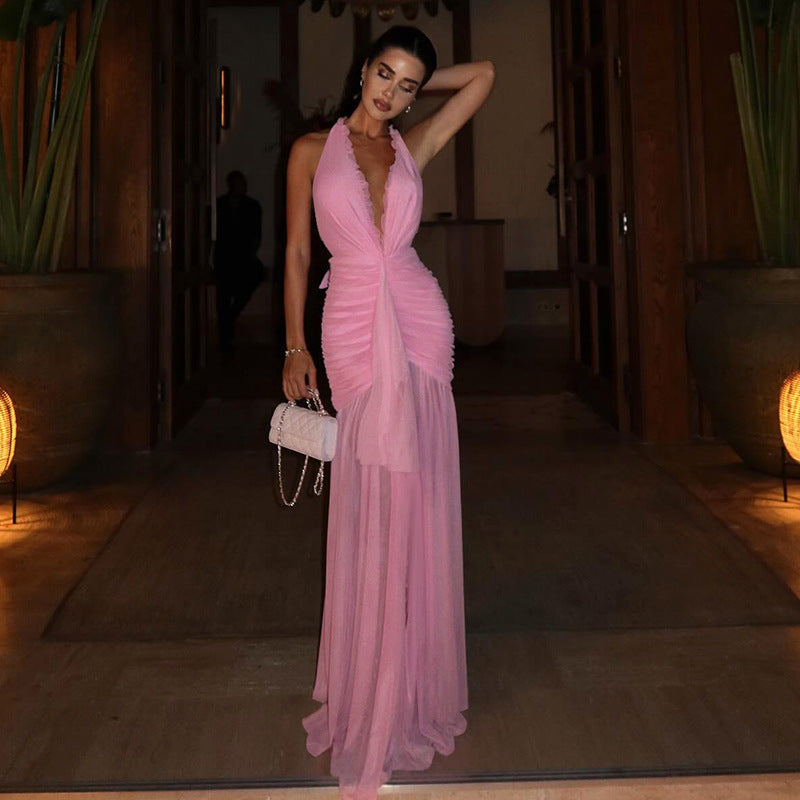 Damen Maxikleid mit tiefem V-Ausschnitt und Raffungen Drune