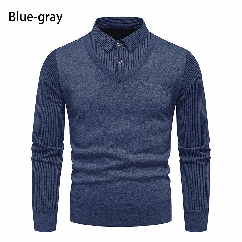Herren Figurbetonter V‑Ausschnitt-Pullover mit integriertem Hemdkragen und gerippten Ärmeln Drune