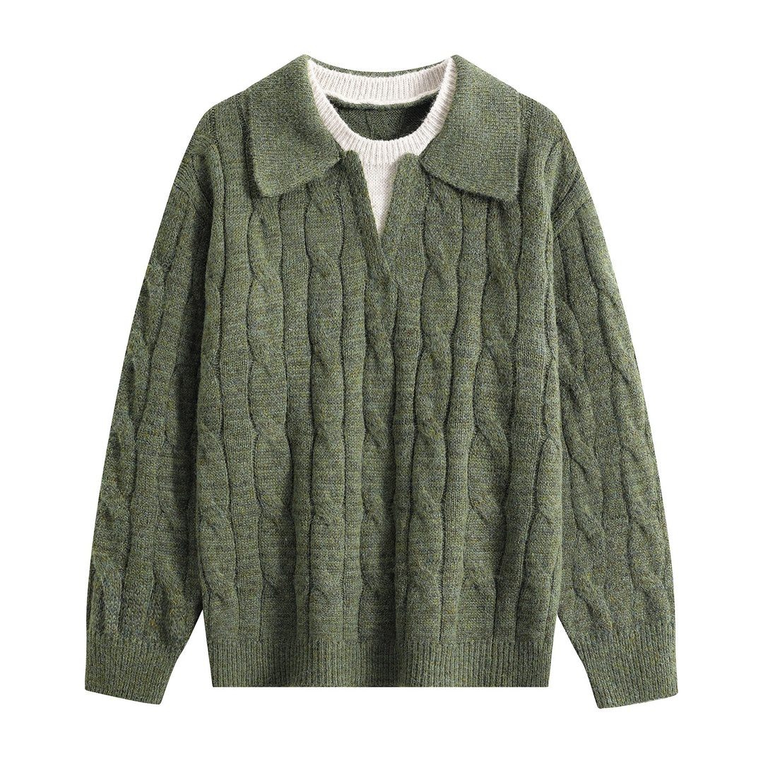 Damen Oversize Grobstrick-Pullover mit Polokragen und Zopfmuster Drune
