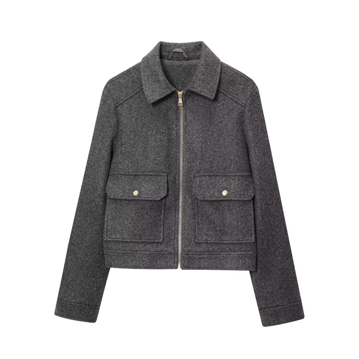 Damen Kurze Wollimitat-Fieldjacke mit durchgehendem Reißverschluss und vier aufgesetzten Pattentaschen Drune