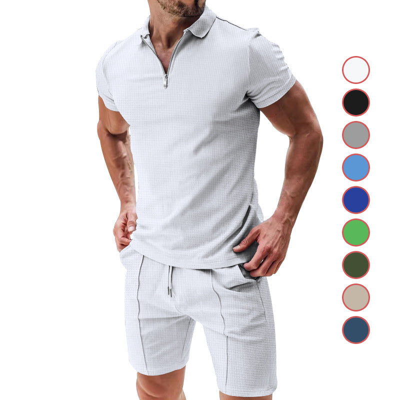 Herren nan sportives Poloshirt- und Chino-Shorts-Set mit halbem Reißverschluss, strukturiertem Jersey und dezenter Bügelfalte Drune
