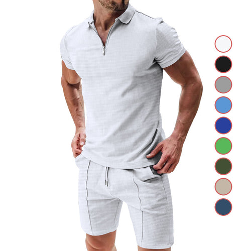 Herren nan sportives Poloshirt- und Chino-Shorts-Set mit halbem Reißverschluss, strukturiertem Jersey und dezenter Bügelfalte Drune
