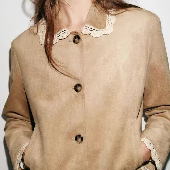 Damen Kurzjacke mit Häkelspitzenkragen und Spitzenmanschetten Drune