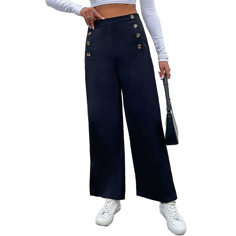 Damen High‑Waist Palazzo‑Hose mit maritim inspirierter Zierknopfleiste und weitem Bein Drune