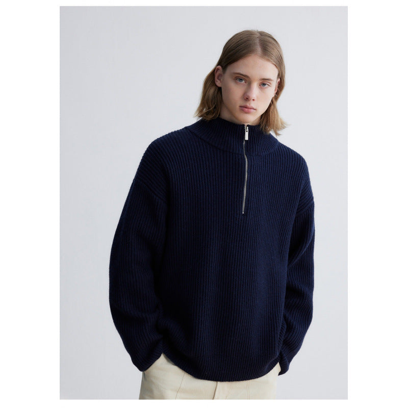 Herren Oversized-Rippenstrick Halbzip-Pullover mit Stehkragen Drune