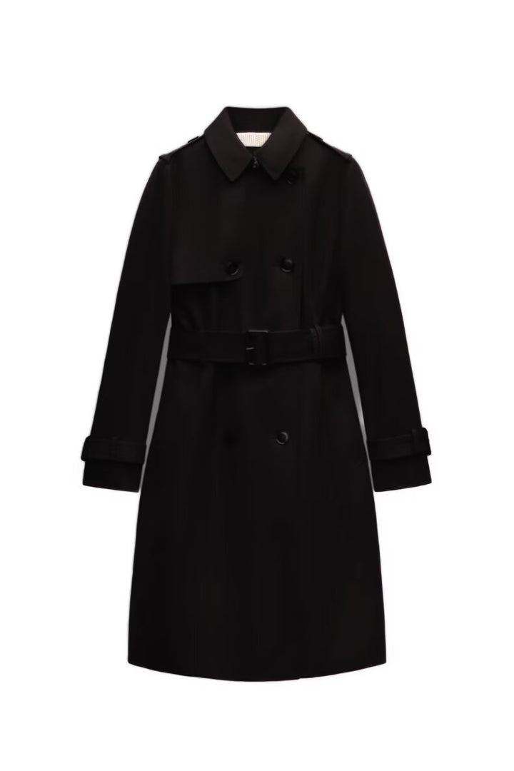 Damen Langer taillierter Trenchcoat mit doppelreihiger Knopfleiste, Taillengürtel und Ärmelriegel Drune