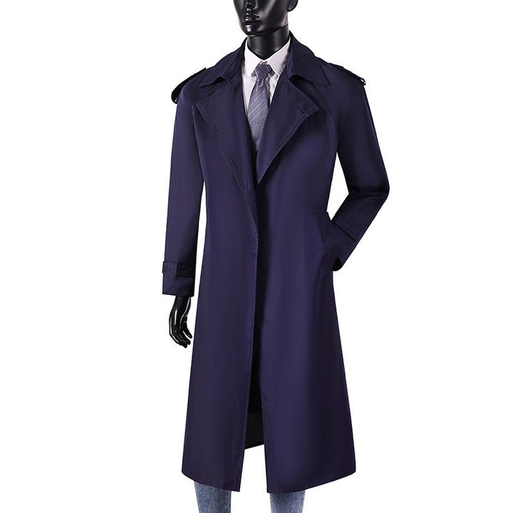 Herren eleganter knie- bis wadenlanger Trenchcoat mit verdeckter Knopfleiste und Schulterklappen Drune